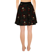 Skulls Bats Roses & Ravens pattern on women's skater skirt, back view