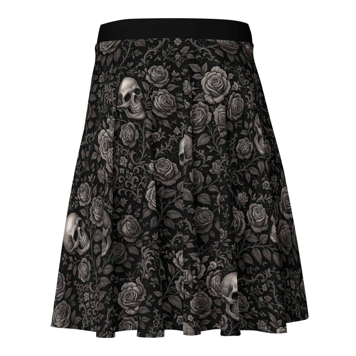 Skulls & Roses pattern on women's skater skirt, back view