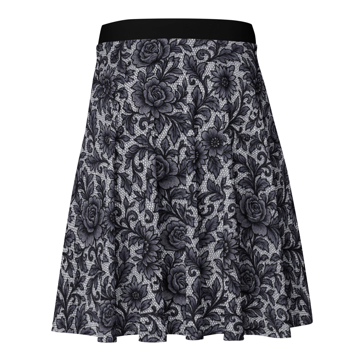 Black Rose Lace pattern on women's skater skirt, back view