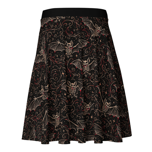 Vampire Bat Skeletons pattern on women's skater skirt, back view