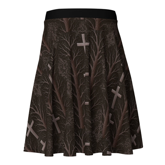 Gothic Cross & Dead Trees pattern on women's skater skirt, back view