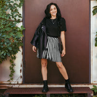 Distressed Vertical Stripes pattern on women's skater skirt, front view
