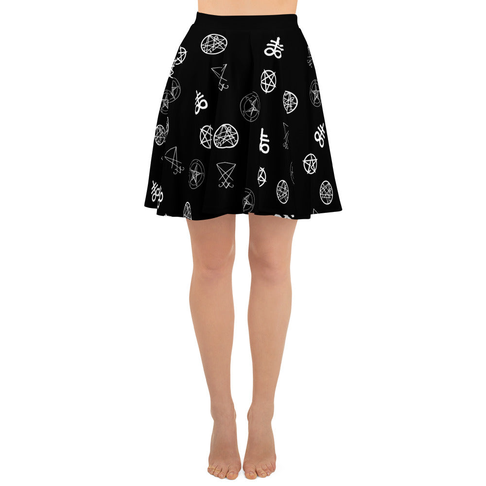 Demonology Occult Symbols pattern on women's skater skirt, front view