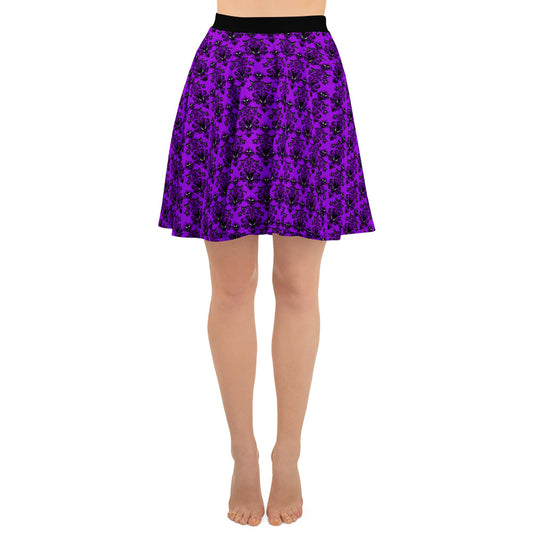 Purple Haunted Mansion pattern on women's skater skirt, front view