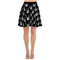 Devil Horns Bone Hands pattern on women's skater skirt, front view
