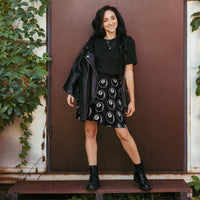 8 Ball Billiards pattern on women's skater skirt, front view