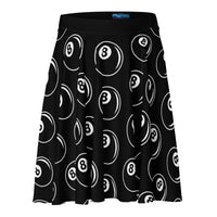 8 Ball Billiards pattern on women's skater skirt, front view