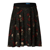 Skulls Bats Roses & Ravens pattern on women's skater skirt, front view