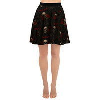 Skulls Bats Roses & Ravens pattern on women's skater skirt, front view
