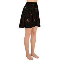 Skulls Bats Roses & Ravens pattern on women's skater skirt, right-side view