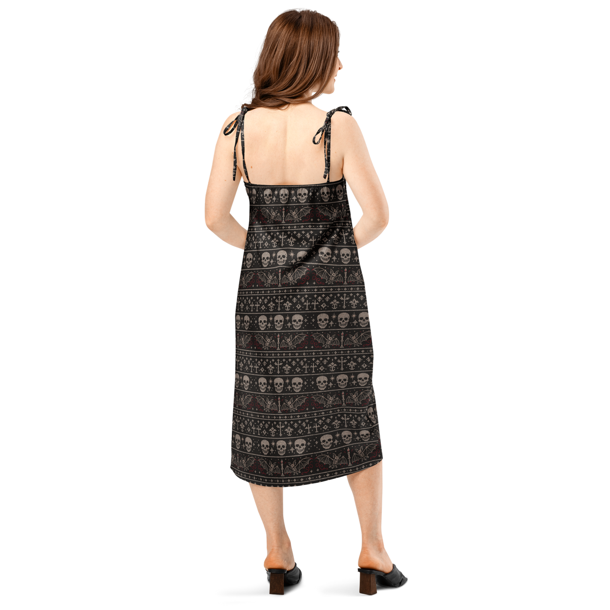 Skulls & Bats Christmas Pattern pattern on women's tie-strap slip dress, back view