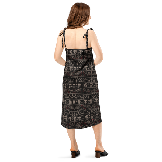 Skulls & Bats Christmas Pattern pattern on women's tie-strap slip dress, back view