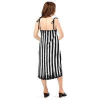 Distressed Vertical Stripes pattern on women's tie-strap slip dress, back view