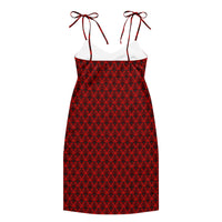 Red Haunted Mansion pattern on women's tie-strap slip dress, back view