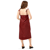 Red Haunted Mansion pattern on women's tie-strap slip dress, back view