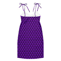 Purple Haunted Mansion pattern on women's tie-strap slip dress, back view