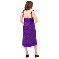 Purple Haunted Mansion pattern on women's tie-strap slip dress, back view