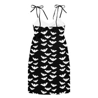 Flying Vampire Bats pattern on women's tie-strap slip dress, back view
