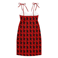 Red Krampus pattern on women's tie-strap slip dress, back view
