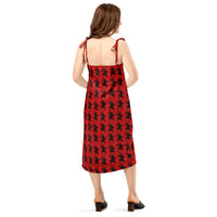 Red Krampus pattern on women's tie-strap slip dress, back view
