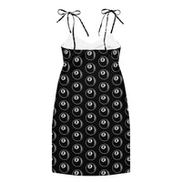 8 Ball Billiards pattern on women's tie-strap slip dress, back view