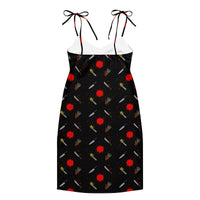 Classic Horror Weapons pattern on women's tie-strap slip dress, back view