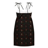 Skulls Bats Roses & Ravens pattern on women's tie-strap slip dress, back view