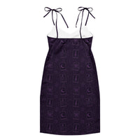 Purple Tarot Cards pattern on women's tie-strap slip dress, back view
