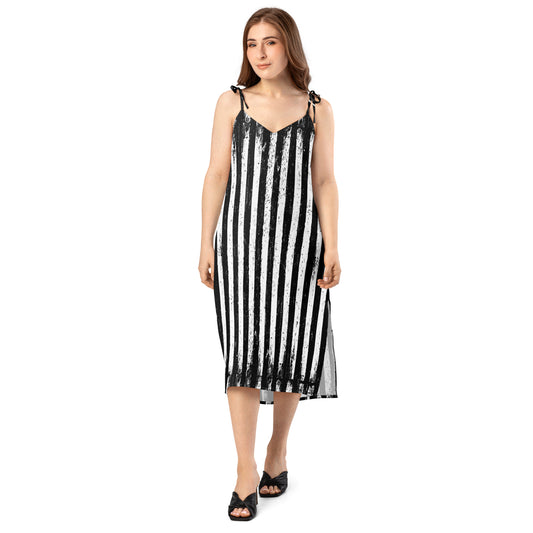 Distressed Vertical Stripes pattern on women's tie-strap slip dress, front view