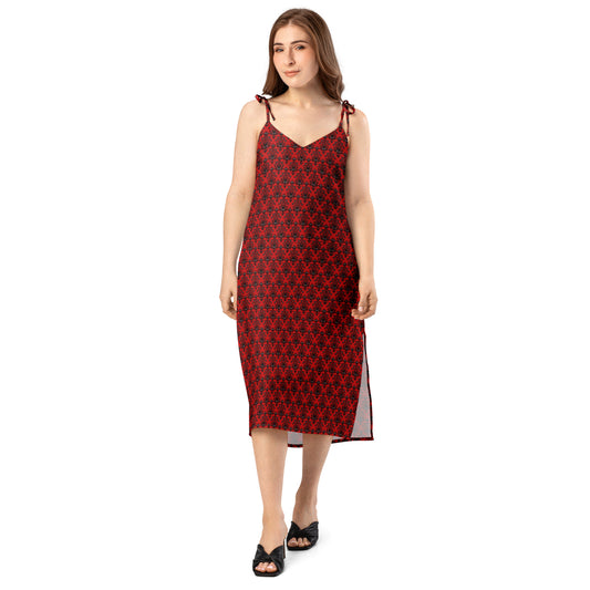 Red Haunted Mansion pattern on women's tie-strap slip dress, front view