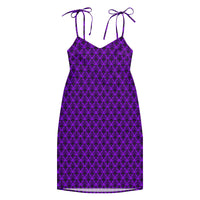 Purple Haunted Mansion pattern on women's tie-strap slip dress, front view