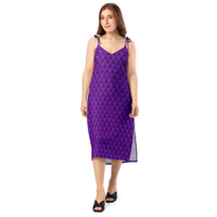 Purple Haunted Mansion pattern on women's tie-strap slip dress, front view
