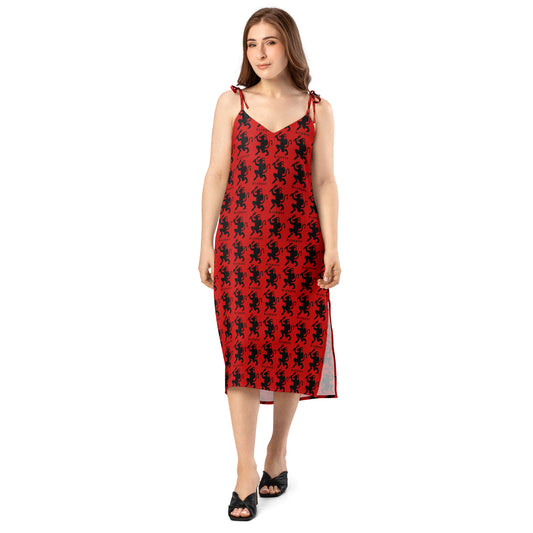 Red Krampus pattern on women's tie-strap slip dress, front view