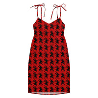 Red Krampus pattern on women's tie-strap slip dress, front view