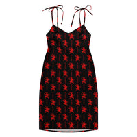 Black Krampus pattern on women's tie-strap slip dress, front view