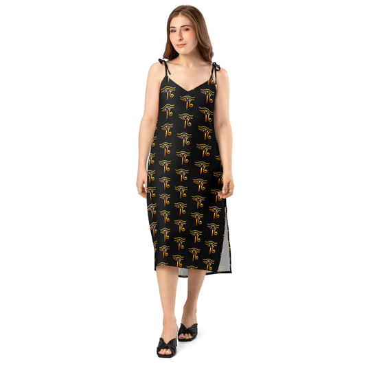 Eye of Ra pattern on women's tie-strap slip dress, front view