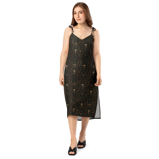 Skull Carnival pattern on women's tie-strap slip dress, front view