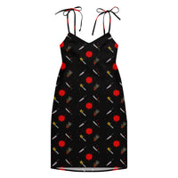 Classic Horror Weapons pattern on women's tie-strap slip dress, front view