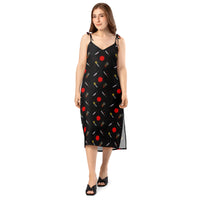 Classic Horror Weapons pattern on women's tie-strap slip dress, front view