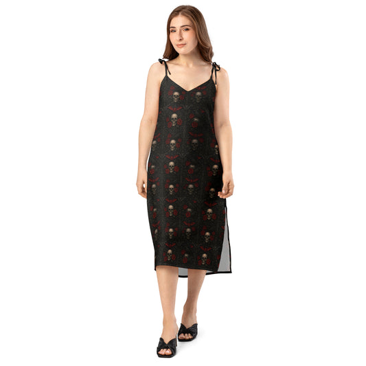 Skulls Bats Roses & Ravens pattern on women's tie-strap slip dress, front view