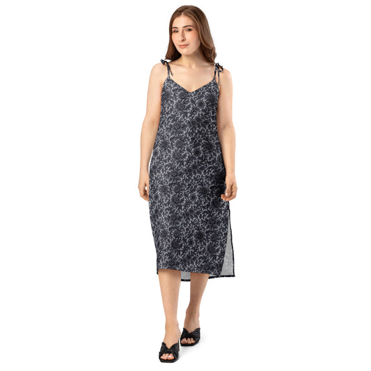 Black Rose Lace pattern on women's tie-strap slip dress, front view