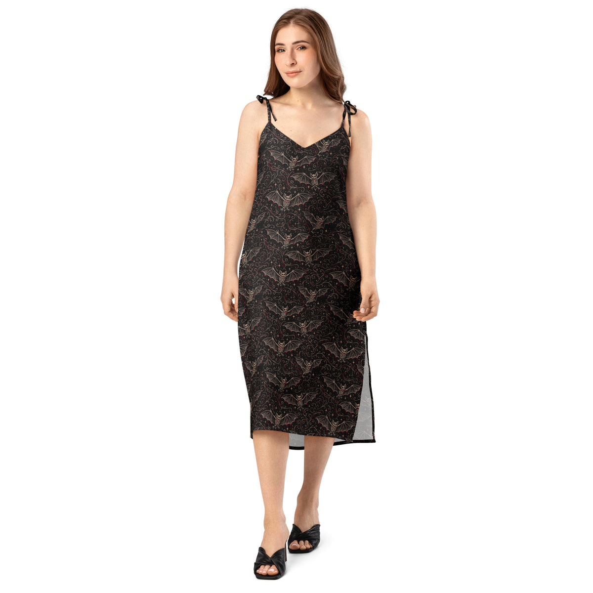 Vampire Bat Skeletons pattern on women's tie-strap slip dress, front view