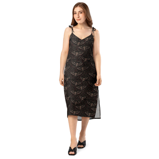 Vampire Bat Skeletons pattern on women's tie-strap slip dress, front view
