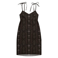 Gothic Cross & Dead Trees pattern on women's tie-strap slip dress, front view