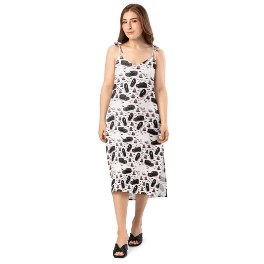 Hearse & Coffin pattern on women's tie-strap slip dress, front view