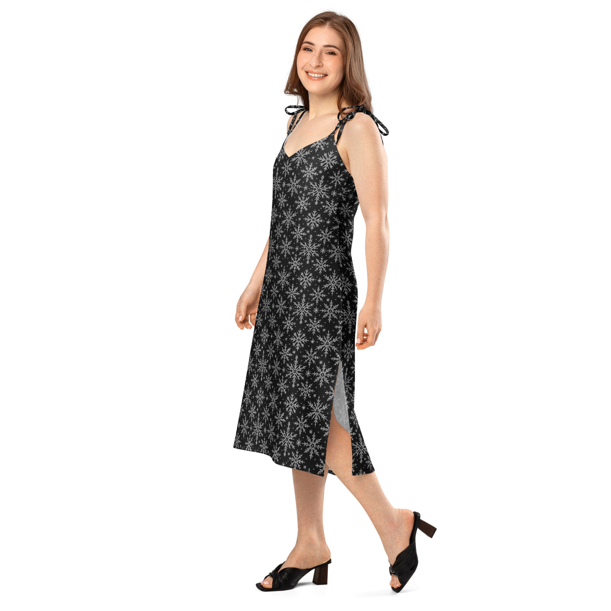 Gothic Snowflakes pattern on women's tie-strap slip dress, left-front view