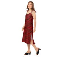 Red Haunted Mansion pattern on women's tie-strap slip dress, left-front view