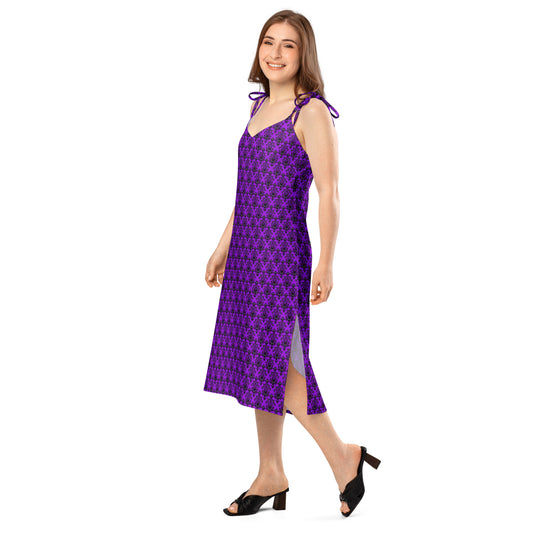 Purple Haunted Mansion pattern on women's tie-strap slip dress, left-front view