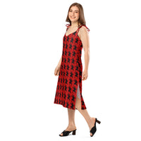 Red Krampus pattern on women's tie-strap slip dress, left-front view