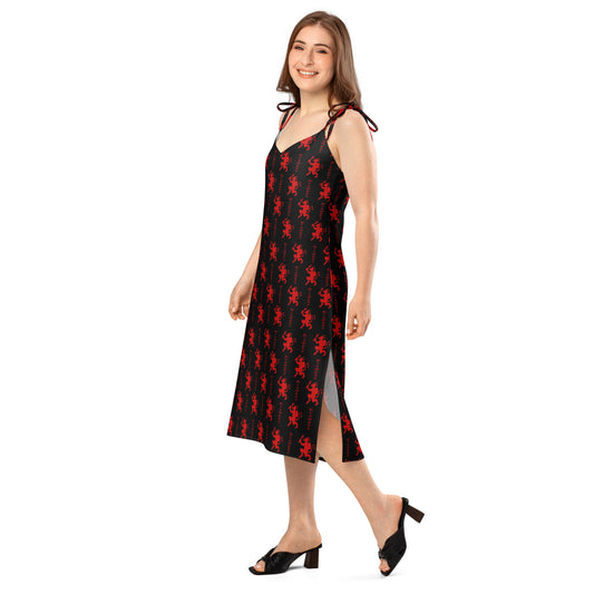 Black Krampus pattern on women's tie-strap slip dress, left-front view